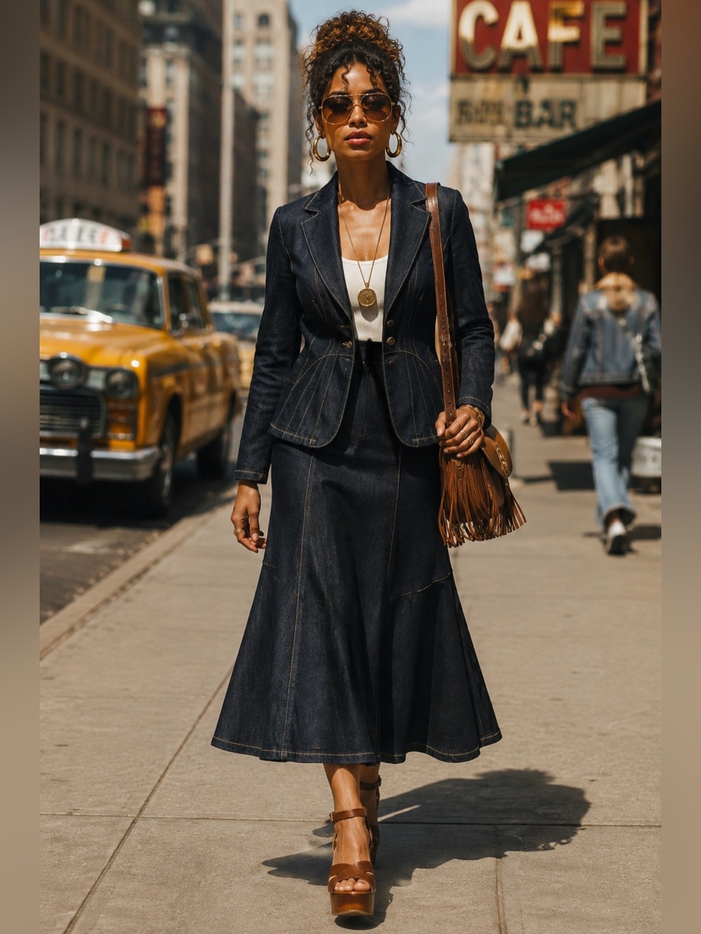 Monroe & Main Dark Wash Denim Skirt Suit Tailored Blazer & A-Line Midi Skirt - Picture 7 of 16
